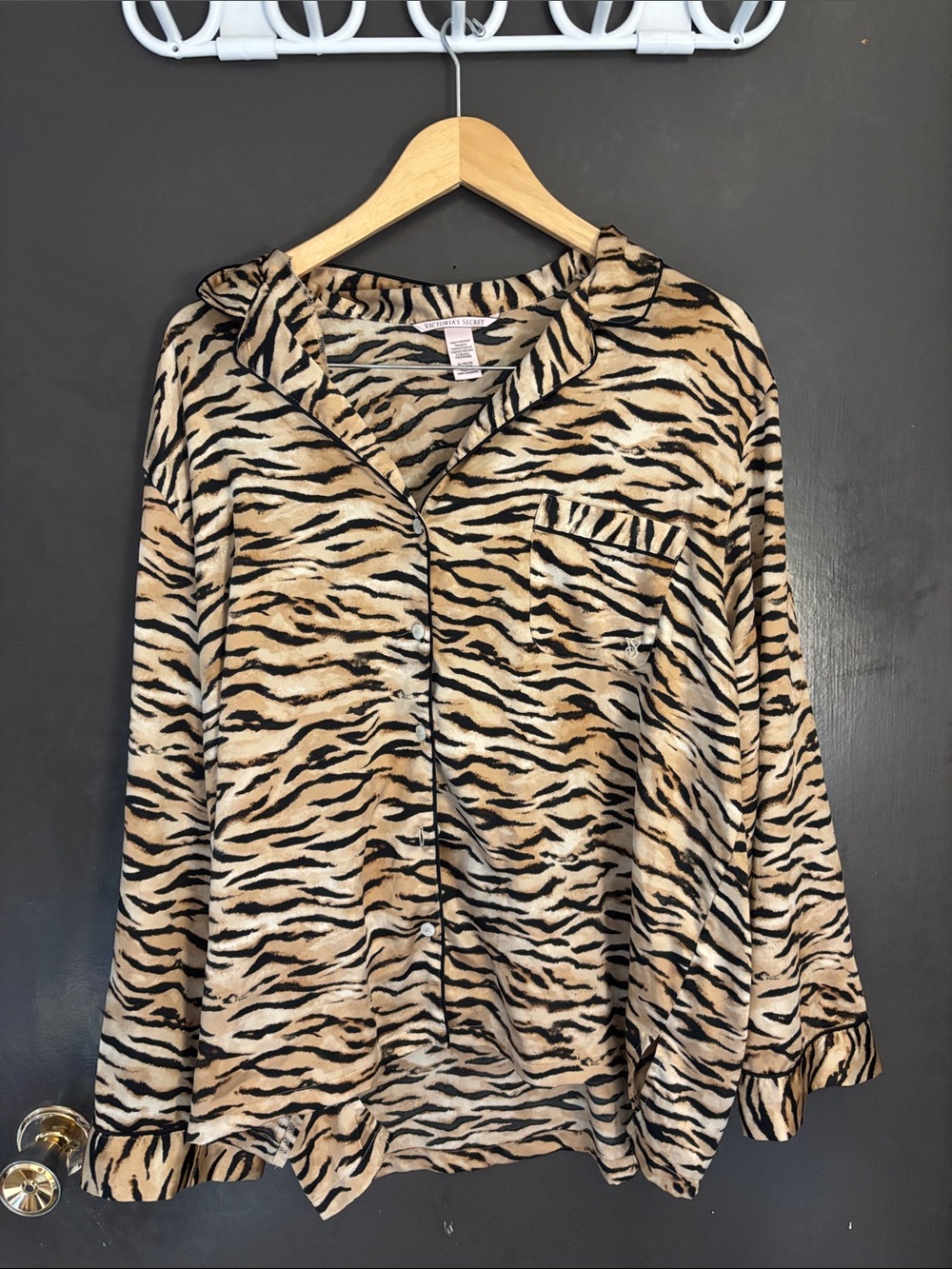 Victoria's Secret Tiger-Print Button-Down Pajama Set in Beige and Black